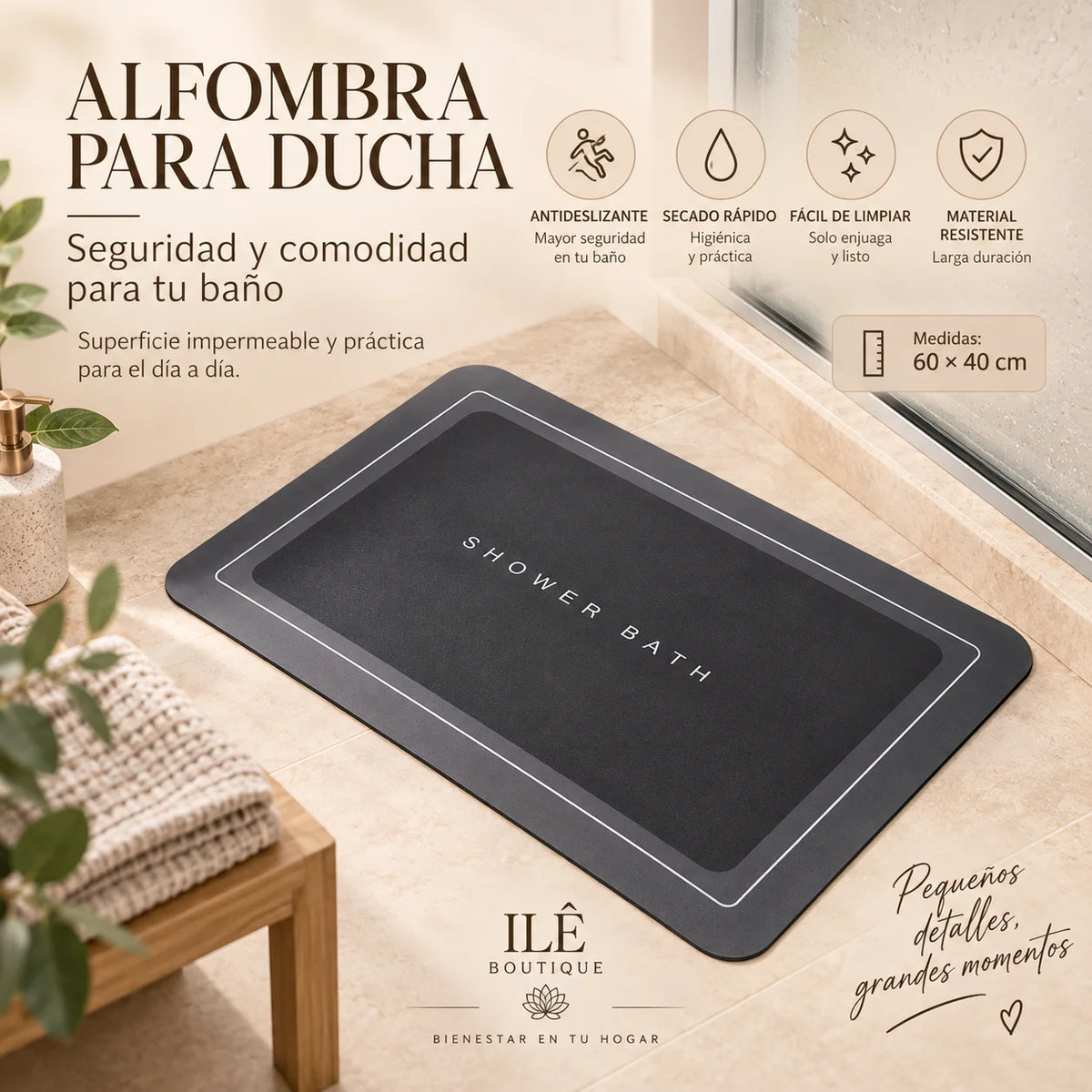 Alfombra antideslizante de secado rápido para baño
