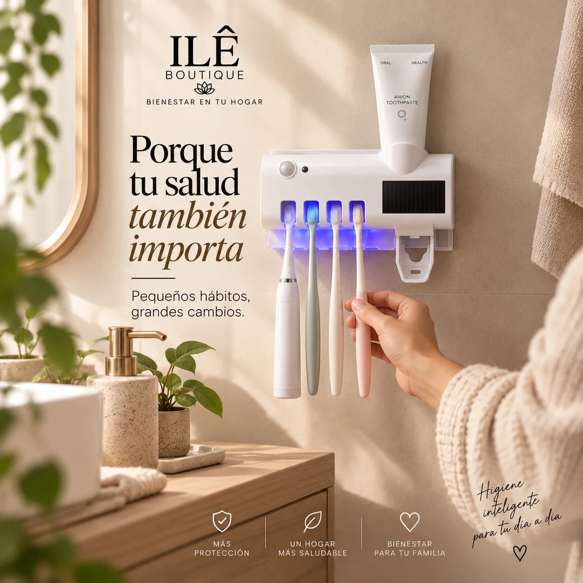 Soporte Esterilizador UV de Cepillo De Dientes con dispensador de pasta dental.