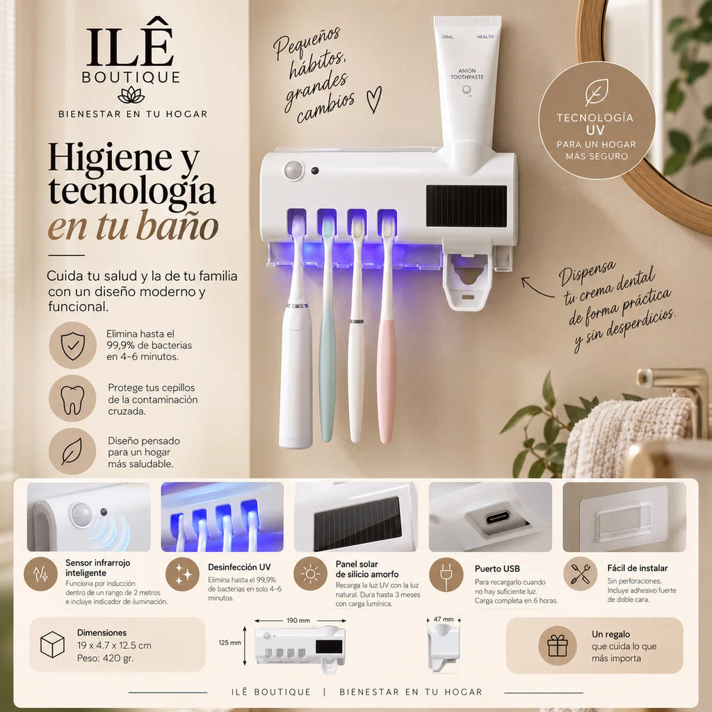 Soporte Esterilizador UV de Cepillo De Dientes con dispensador de pasta dental.