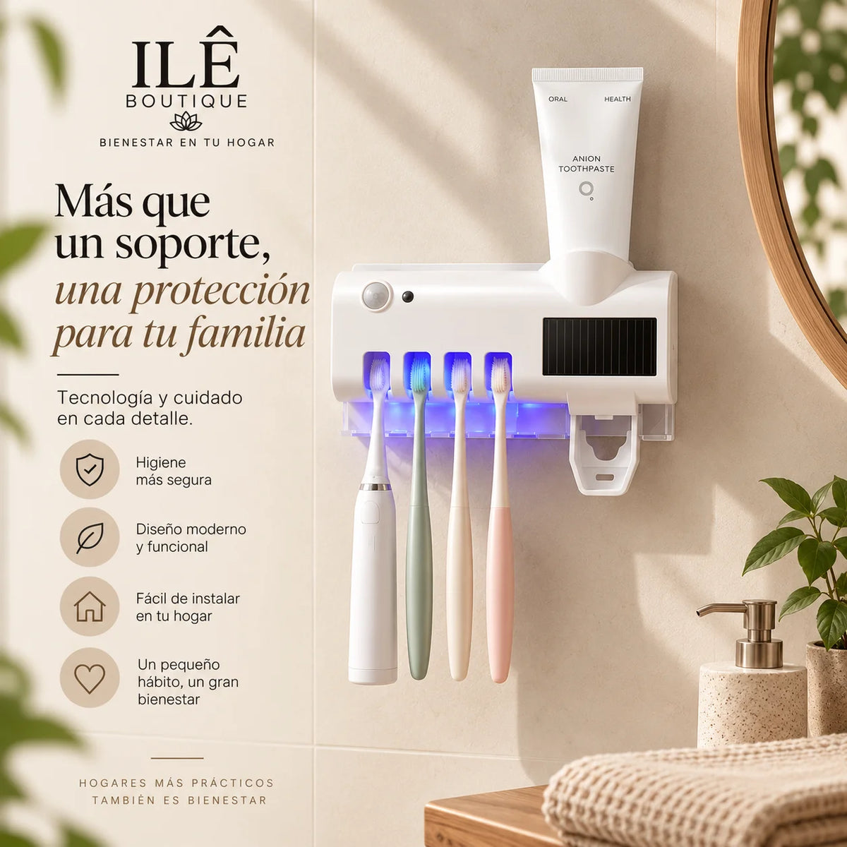 Soporte Esterilizador UV de Cepillo De Dientes con dispensador de pasta dental.