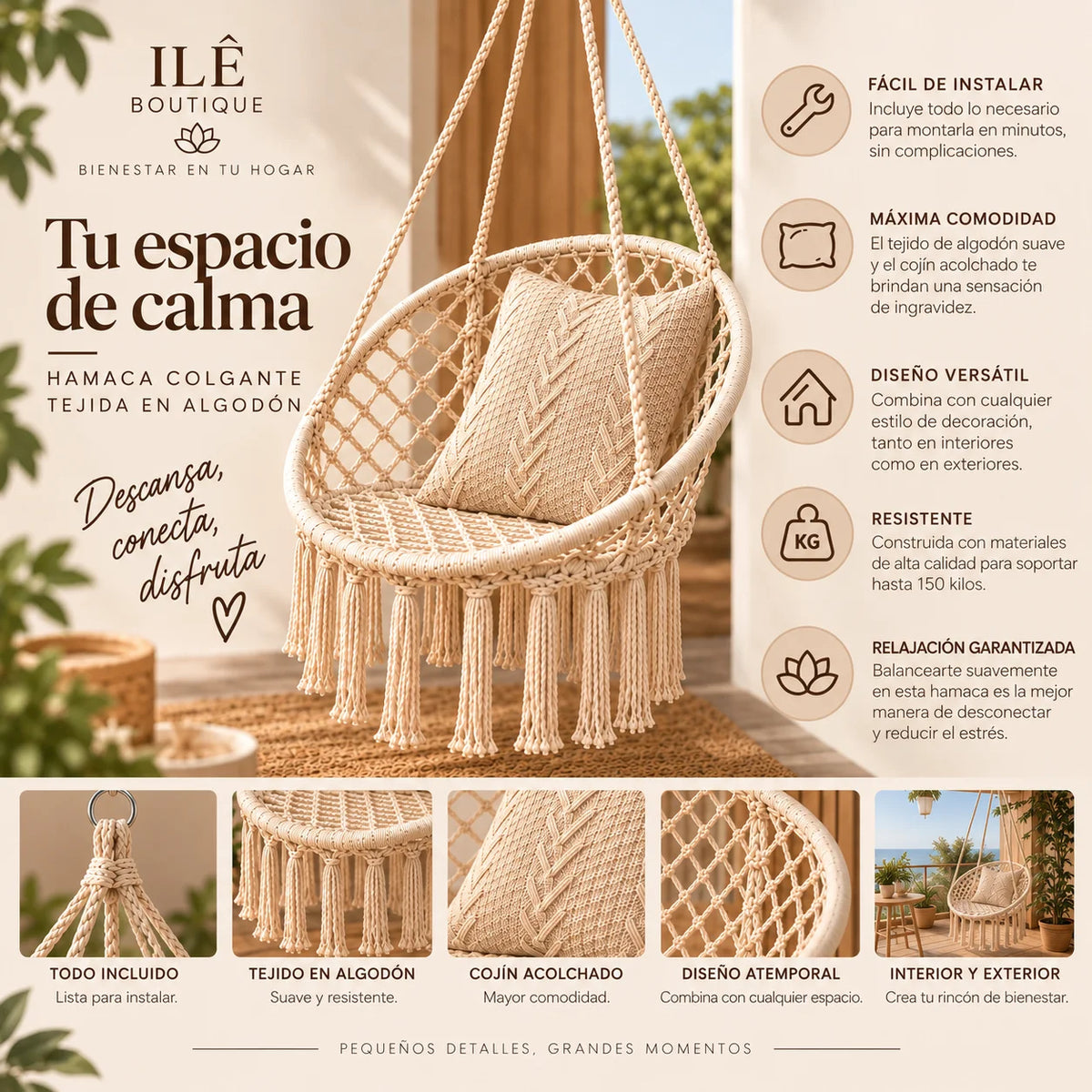 Hamaca de Macramé Premium - Confort y Relajación para tu Hogar
