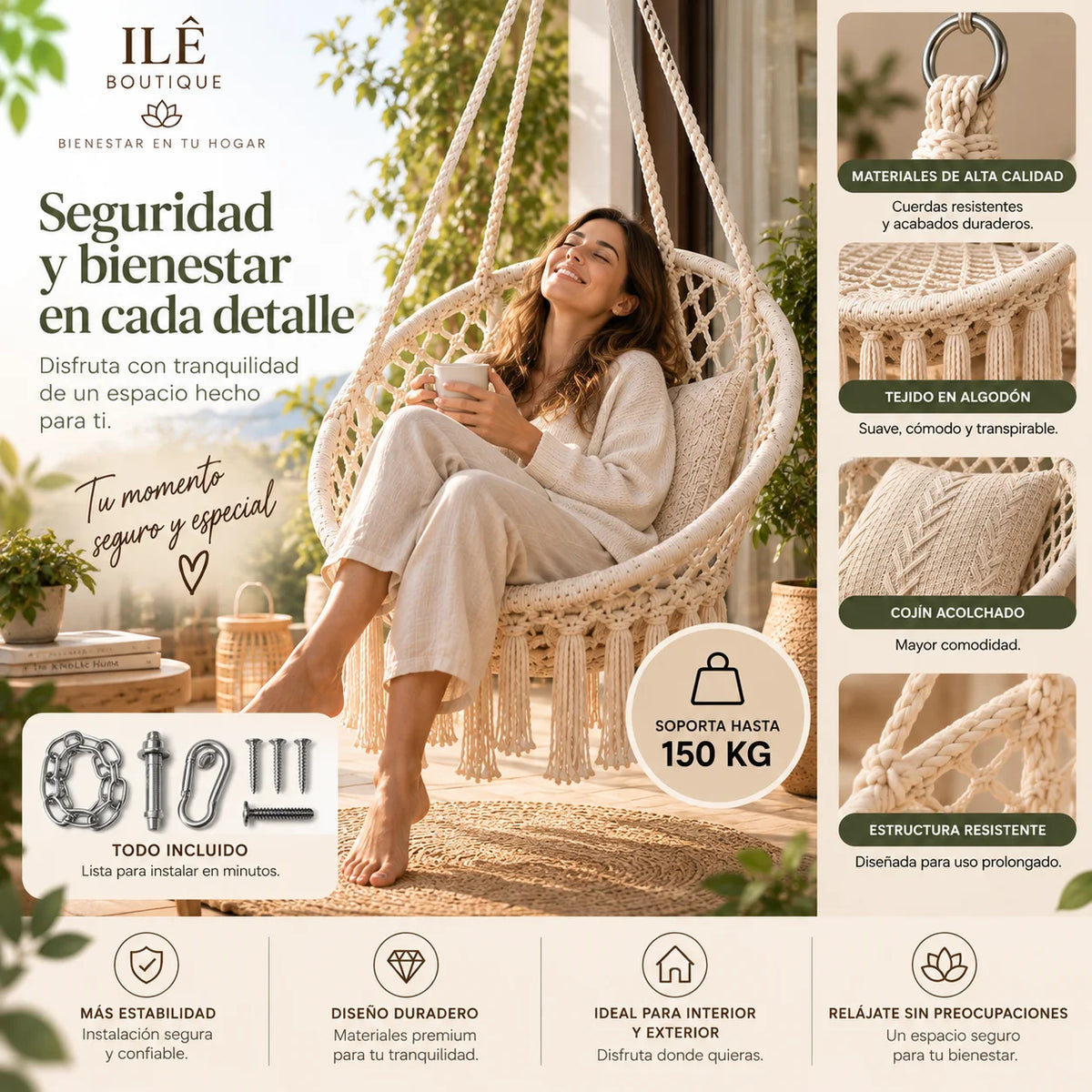 Hamaca de Macramé Premium - Confort y Relajación para tu Hogar