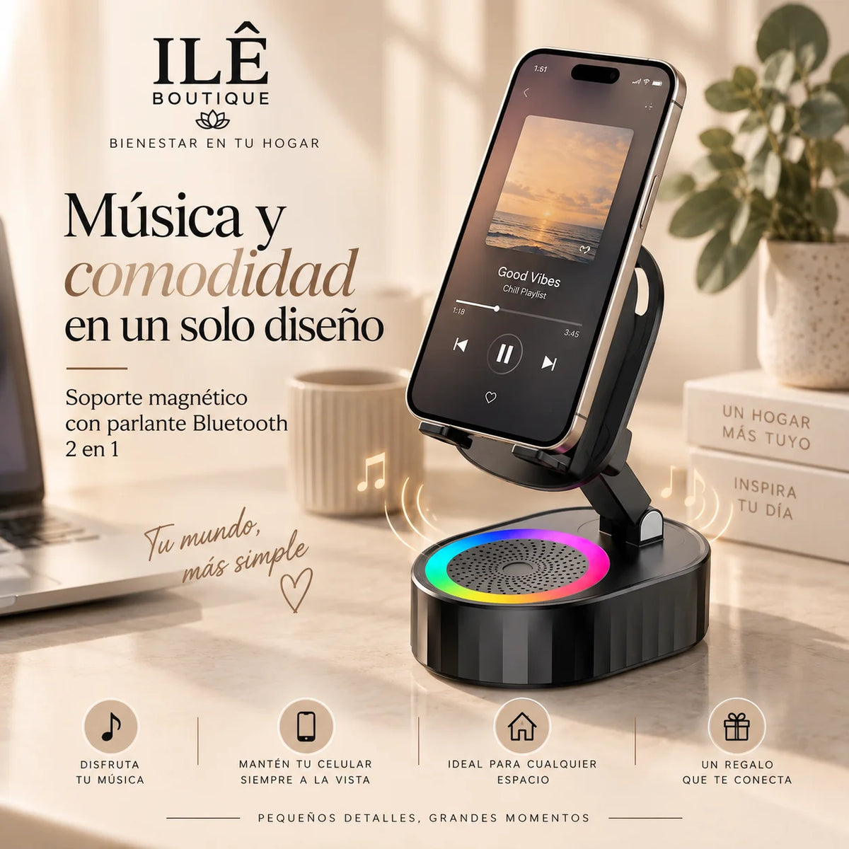 Base Magnética para celular 3 en 1: Soporte, Parlante y Luz