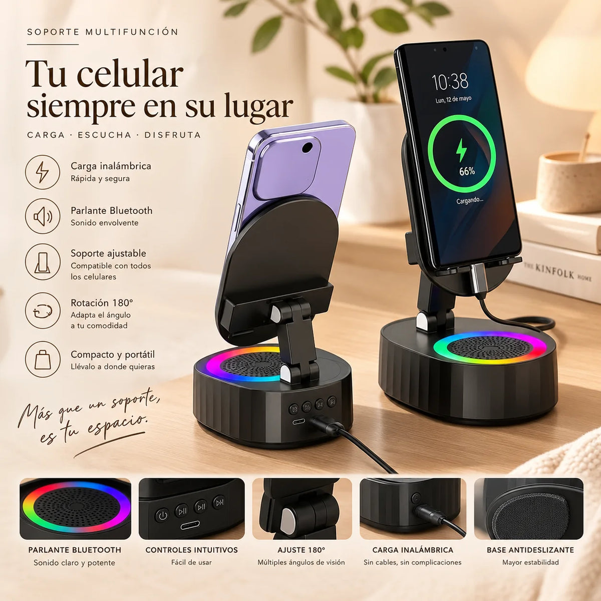 Base Magnética para celular 3 en 1: Soporte, Parlante y Luz