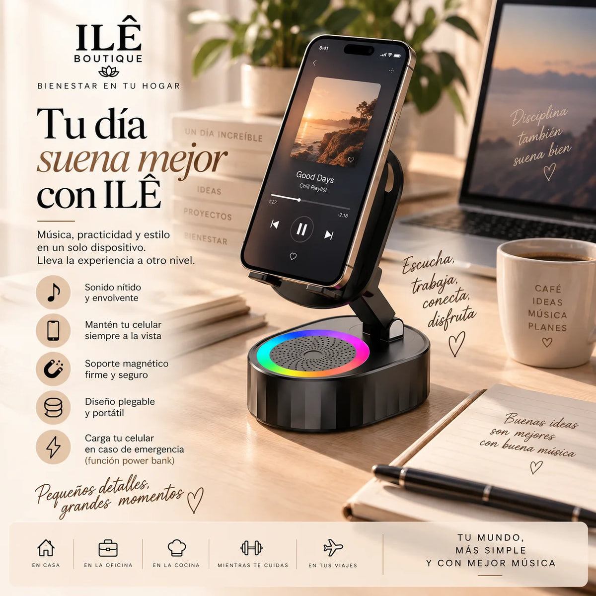 Base Magnética para celular 3 en 1: Soporte, Parlante y Luz