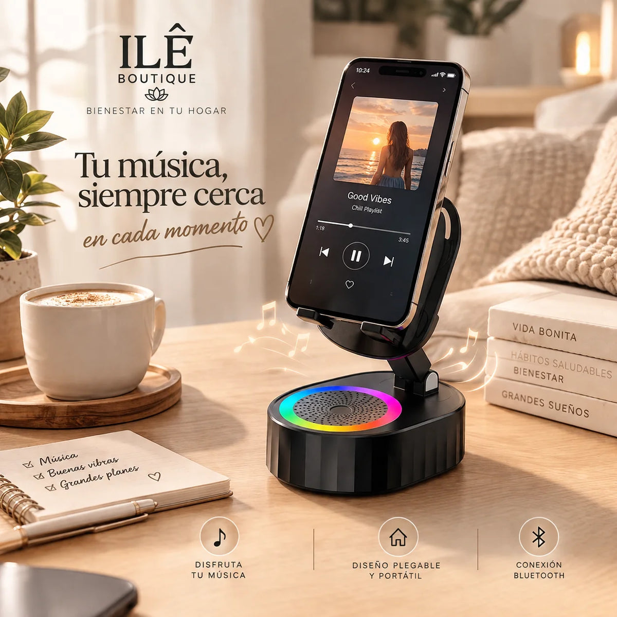 Base Magnética para celular 3 en 1: Soporte, Parlante y Luz